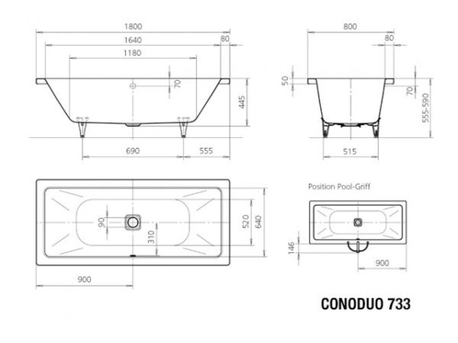 Kaldewei Badewanne CONODUO 733 180x80cm, 235100013001, Farbe: alpinweiß - Bild 3 von 7